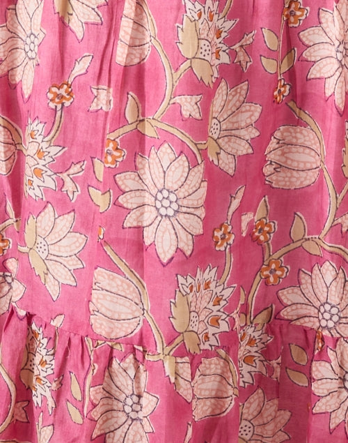 Stunning Pink Floral Print Short Puff Sleeve Maxi Dress