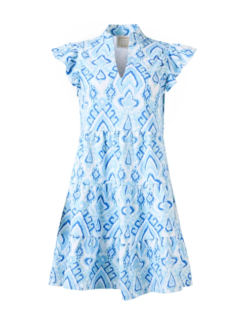 Stylish Blue Ikat Pattern Cotton Mini Tiered Tunic Dress