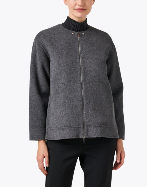 Stylish Grey Wool Zip-Front Jacket with Patch Pockets
