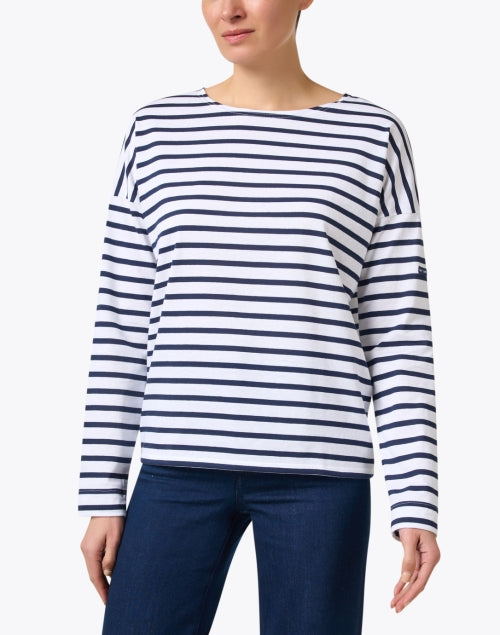 Minq Relaxed-Fit Long Sleeve White and Navy Striped Top