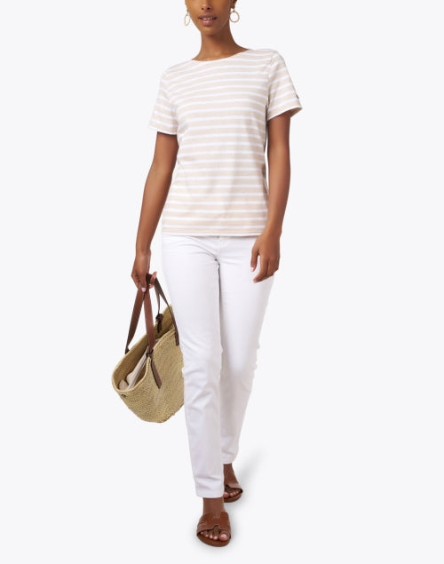 French-Crafted Etrille Beige and White Striped Short-Sleeve Cotton Crew Neck Tee