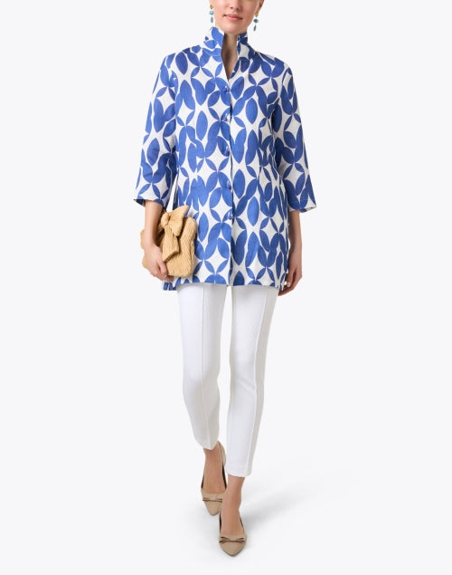 Elegant Rita Blue Abstract Floral Print Linen Women's Jacket for Special Occasions