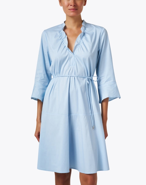 Stylish Blue Stretch Cotton A-Line Dress with Self-Tie Belt