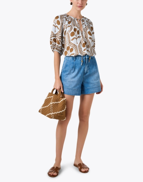 Stylish Isla Blue and Brown Patterned Women's Blouse