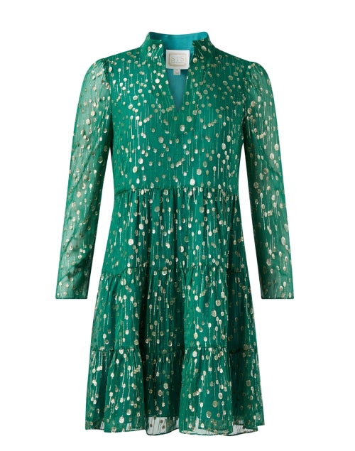 Stylish Green Silk Blend Dress with Metallic Gold Print
