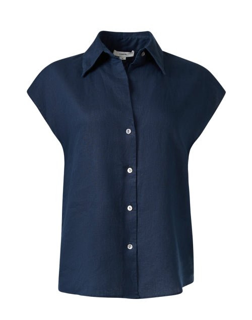 Stylish Navy 100% Linen Blouse with Cap Sleeves