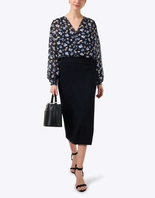 Alec Women's Navy Floral Printed Silk Blouse for Office and Dinner