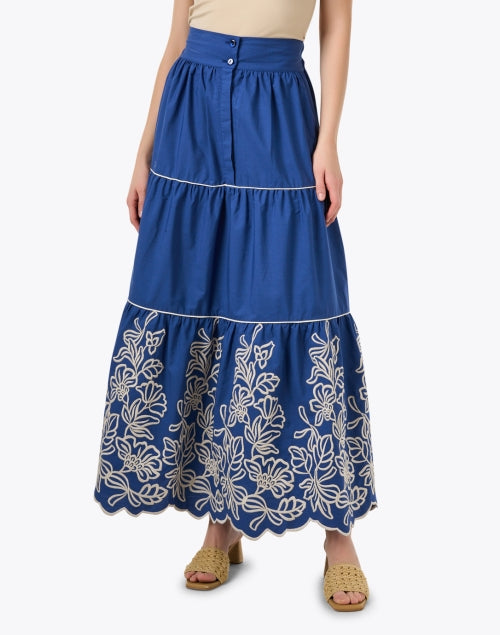 Stylish Nuvola Blue Cotton Embroidered Tiered Skirt