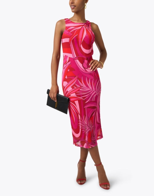 Stylish Pink Tropical Multi - Print Stretch Dress for All - Day Wear