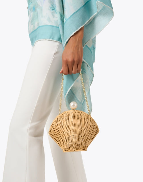 Pamela Munson's Handwoven Natural Rattan Shell Clutch with Pearl Closure