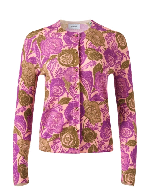 Elegant Pink Multi - Floral Motif 100% Wool Slim - Stretch Cardigan