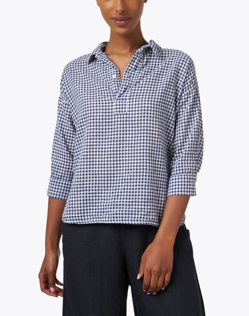 Navy Blue Gingham Pattern 100% Linen Casual Henley Top for Women by CP Shades