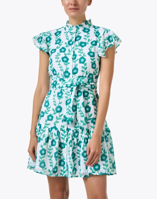 Stylish Toscana Green Floral Mini Dress with Ruffle Neck