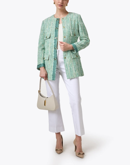 Spring-Forward Green Multi-Pattern Tweed Collarless Jacket
