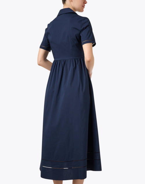 Stylish Navy Stretch Cotton Poplin A-Line Shirt Dress with Eyelet Details