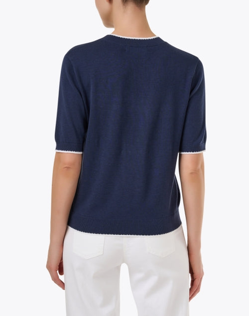 Navy Blue Knit Cotton Blend Short Sleeve Women's Top