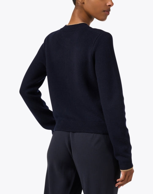 Stylish Navy Wool-Cashmere Blend Cardigan with Contrast Trim