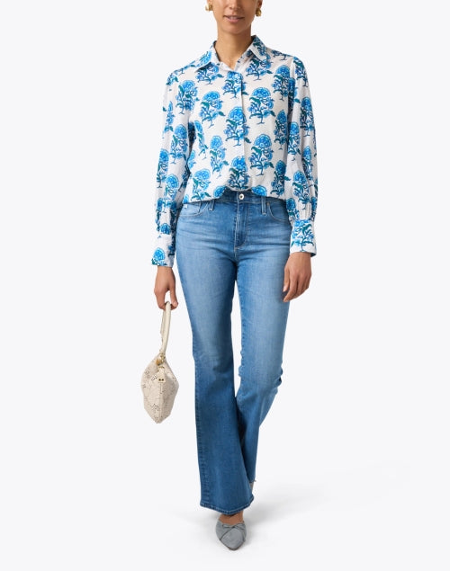 Norwegian Blue and White Floral Patterned 100% Cotton Women's Shirt