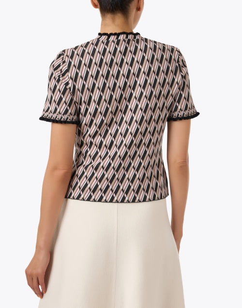 Stylish Wool-Cotton Blend Geometric Print Short-Sleeve Ruffle Top