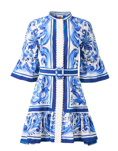Stylish Blue and White Tile Patterned Women's Shirt Dress