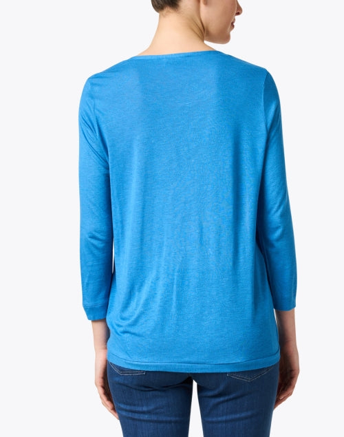 Blue Printed Contrasting Panel Linen Blend Knit Top
