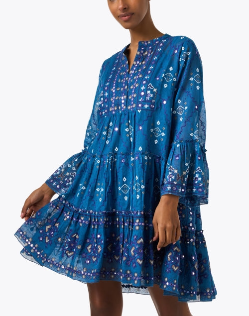 Stylish Blue Cotton Mosaic Print Flared-Sleeve Dress