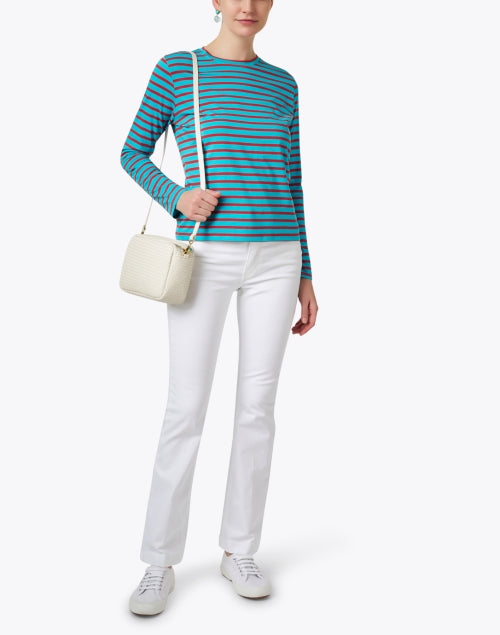 Stylish Turquoise and Crimson Striped Women's Long Sleeve Top
