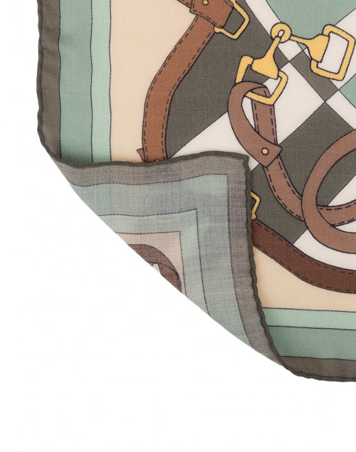 Luxurious Printed Silk Cashmere Scarf in Green and Brown Saddle Design