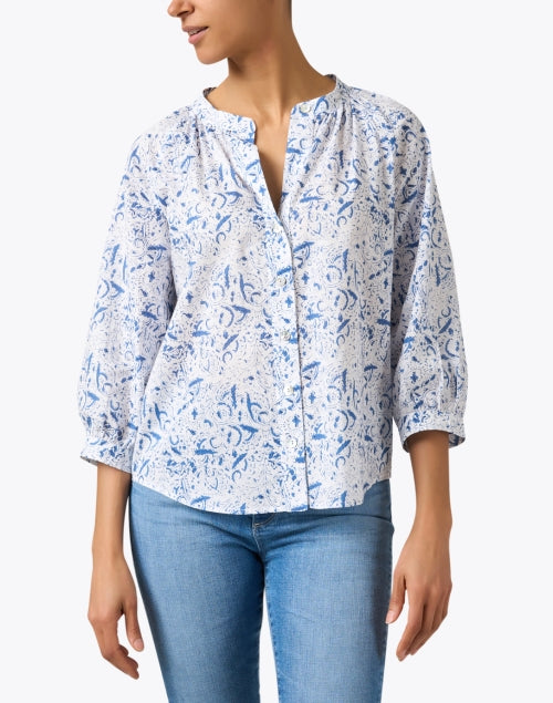 Meg Brand Blue and White Printed Cotton Button-Front Women's Top