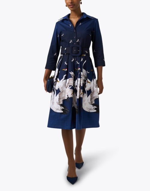 Audrey Navy Blue Crane Patterned Cotton Stretch Women's Shirt Dress