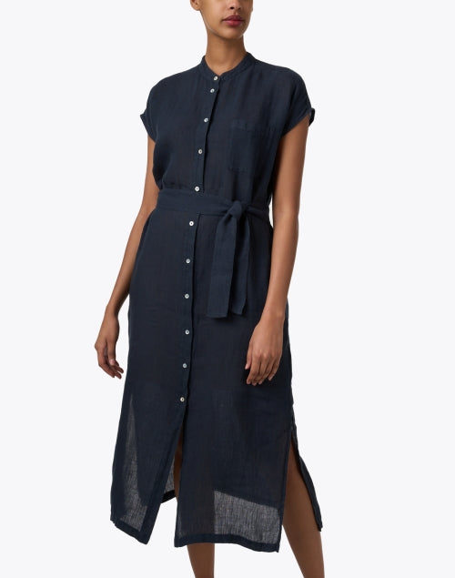Stylish Navy Linen Midi Shirt Dress for Warm Weather
