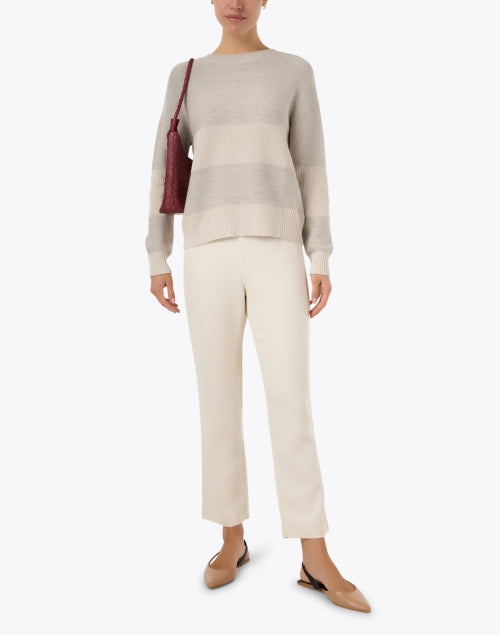 Stylish Beige Lurex Striped Crewneck Sweater for Everyday Wear