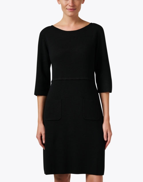 Stylish Black 100% Wool Sheath Dress with Patch Pockets and Round Neck