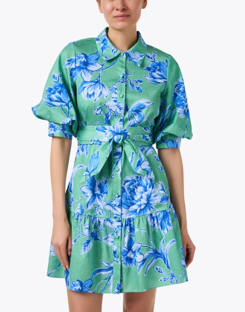 Georgie Green and Blue Floral Print 100% Cotton Shirt-Style Dress