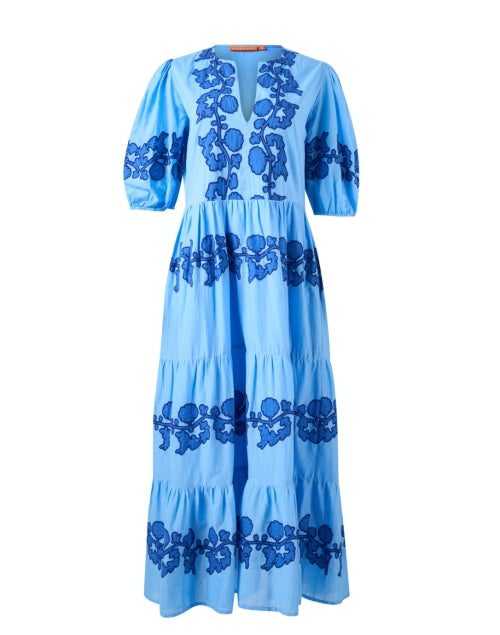 Stylish Oliphant Tangier Blue Cotton Embroidered Midi Dress