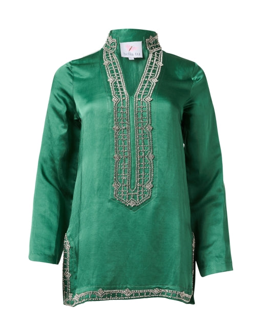 Elegant Marilyn Green Crystal-Embroidered Linen-Viscose Tunic Top
