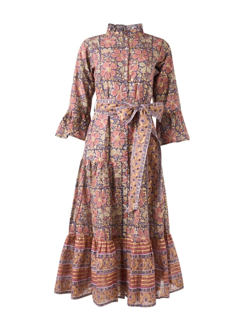 Stylish Pink and Golden Floral Print Cotton Women's Dress