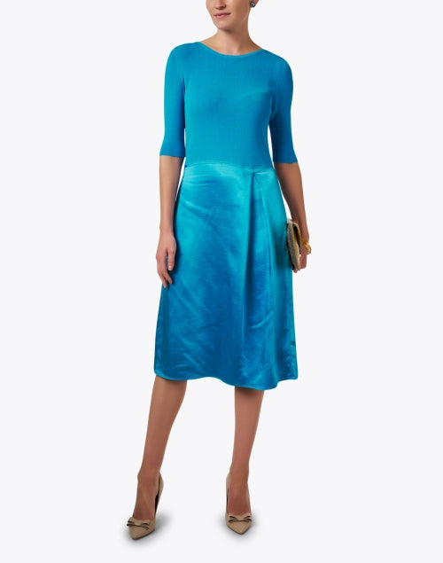 Stylish Blue Knit and Satin Women's Dress for Transitional Seasons