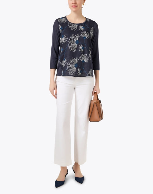 Stylish Navy and White Floral-Embroidered Relaxed Top