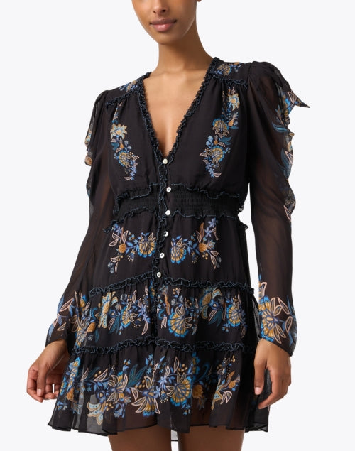 Stylish Black Dress with Floral Embroidery and Ruffle Details