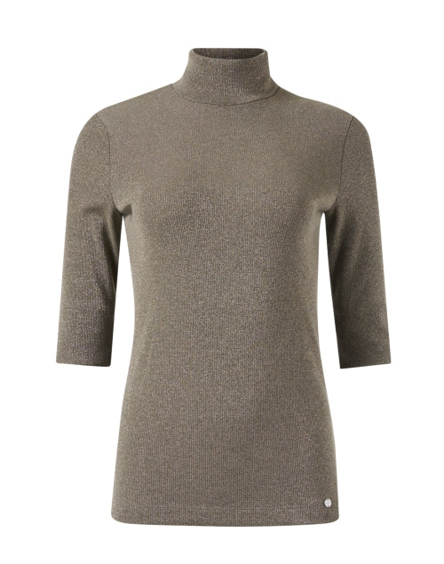 Marc Cain Olive Green Short Sleeve Knit Turtleneck Top with Shimmering Lurex Finish