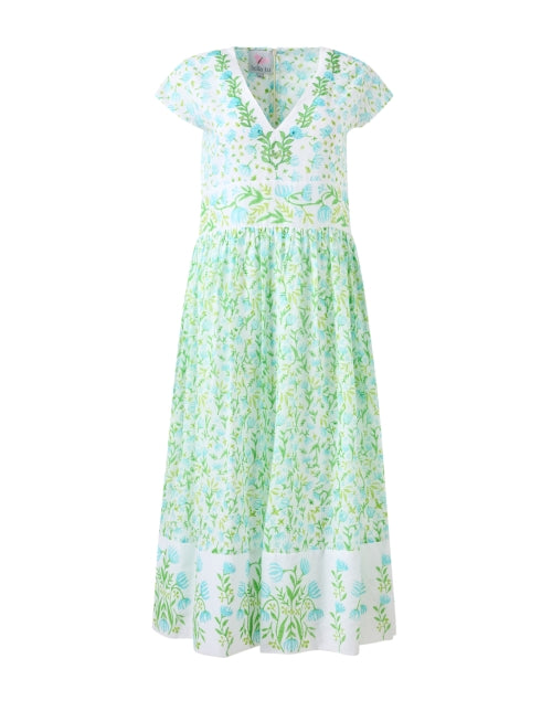 Stylish Blue and Green Floral Print 100% Cotton Midi Dress