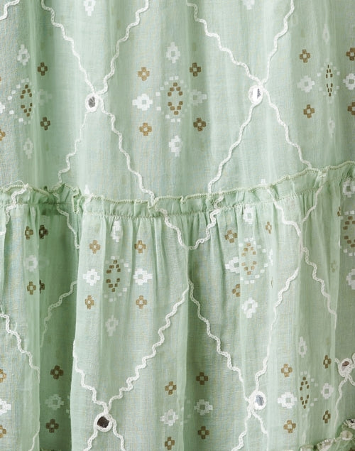 Stylish Women's Green Mosaic Printed Cotton Dress with Flare Sleeves and Tiered Skirt