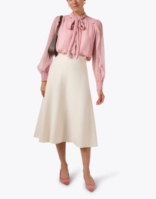 Charming Pink Polka Dot Self - Tie Neck Blouse with Sheer Sleeves