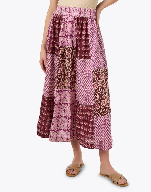 Stylish Women's Pink and Purple Multi - Print Patchwork Midi Skirt