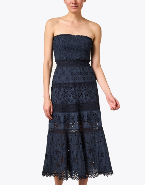Stylish Navy Cotton Eyelet Embroidered Strapless Dress