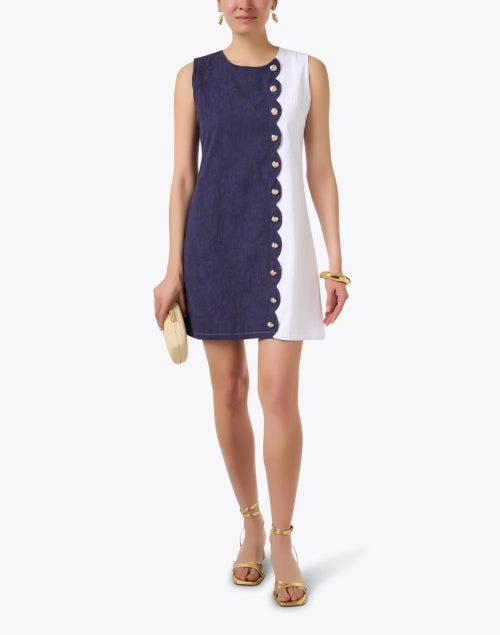 Stylish Navy and White Textured Cotton Cassidy Shift Dress for Warm Weather
