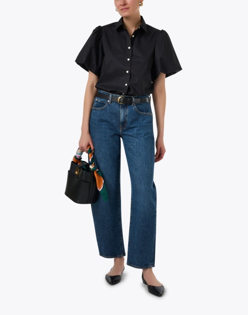 Angelina Women's Black Cotton Blend Puff Sleeve Shirt Blouse