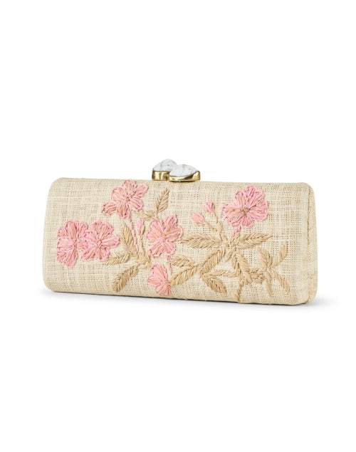 Exquisite Alessandra Pink Floral Embroidered Raffia Clutch with Ivory Stone Clasp