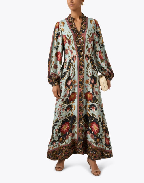 Stylish Blue Multi - Patterned Flowing Maxi Dress